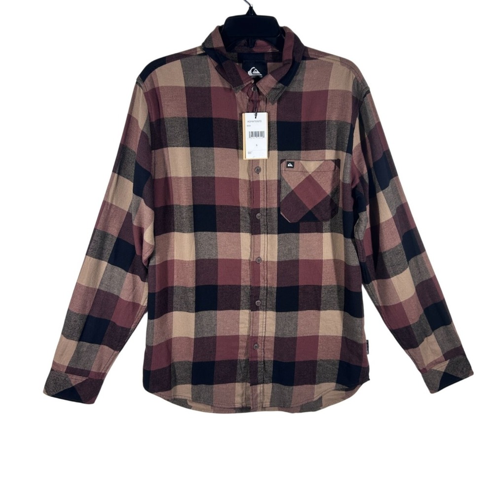 Quiksilver Mens Plaid Flannel Button Up Shirt Small Burgundy Tan Long Sleeve NWT